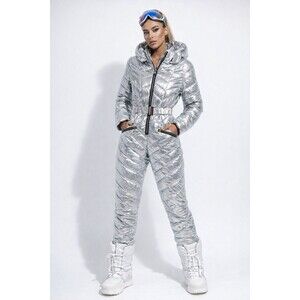 Y2K Silver Metallic Snowsuit Futuristic Spacecore Ski Jumpsuit Belted S